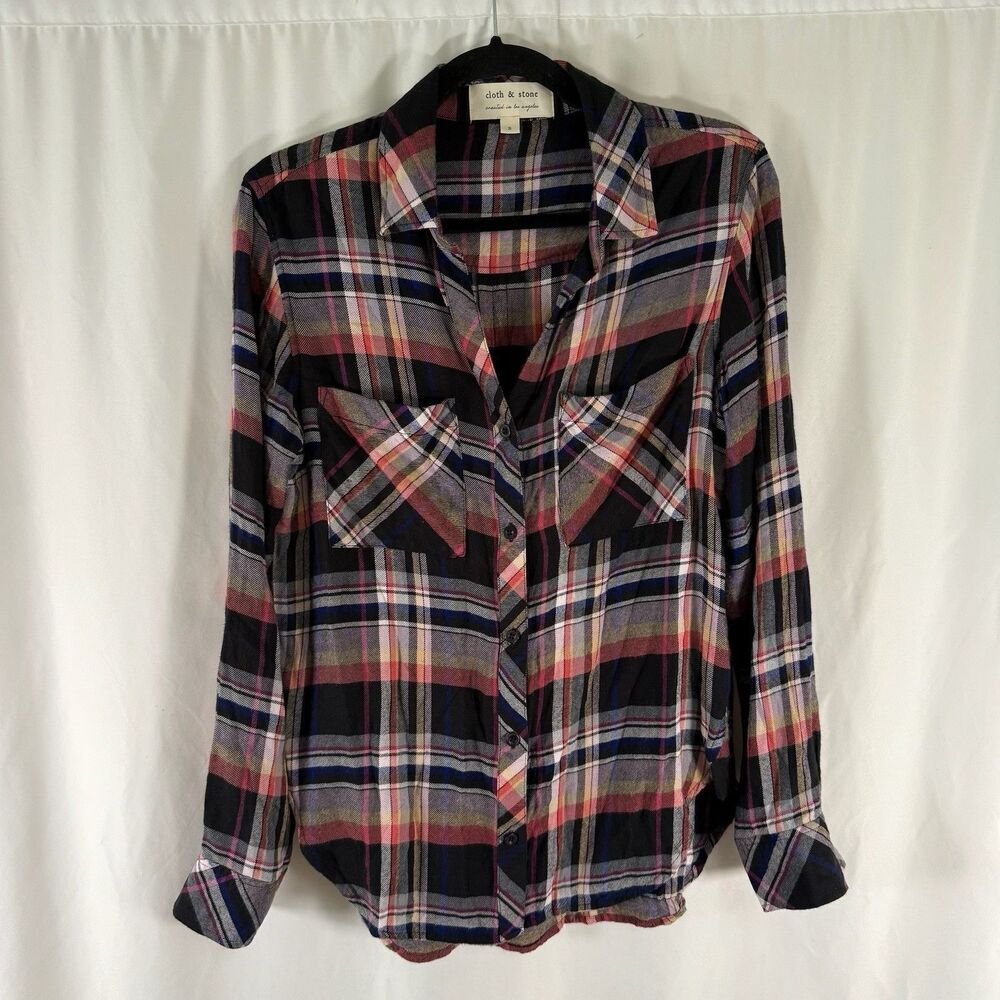 Cloth and Stone Blouse Women's Small Blue Brown Plaid Button Up Long Sleeve